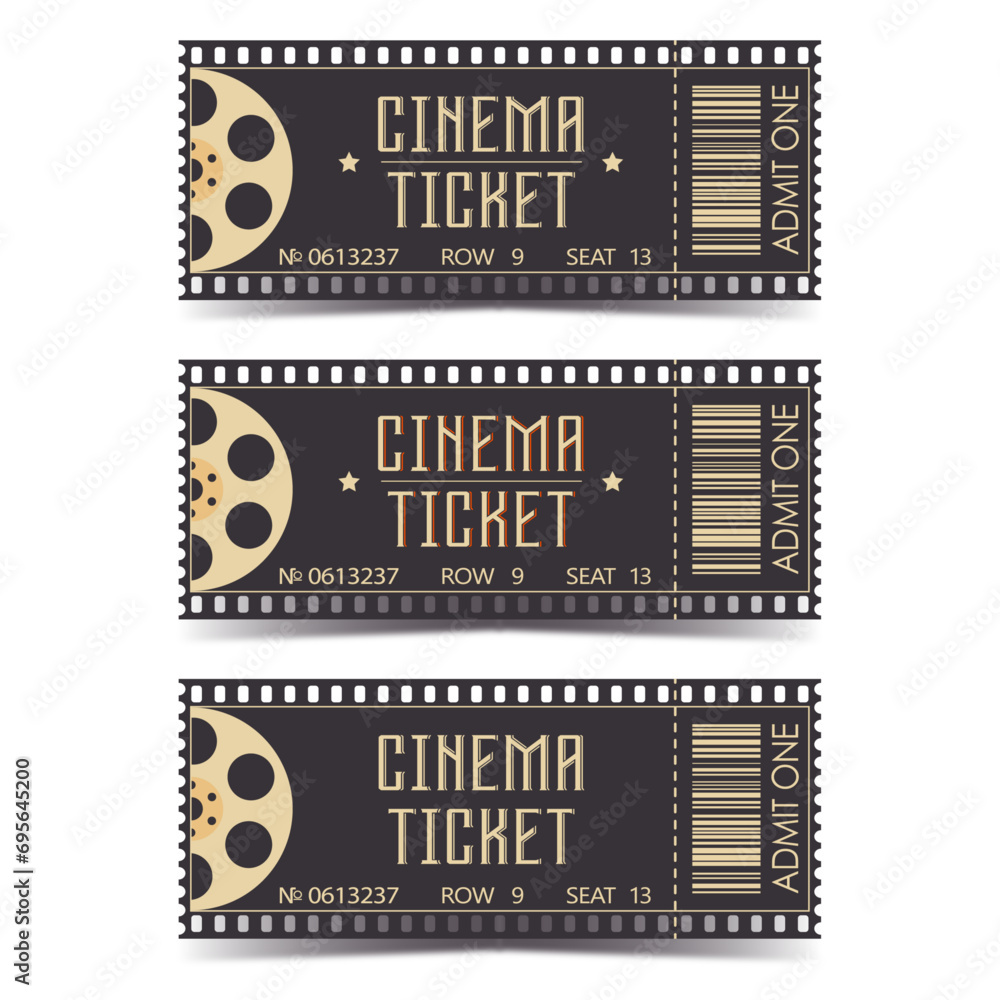 Set of retro cinema tickets. Vector movie theatre vintage illustration - obrazy, fototapety, plakaty 