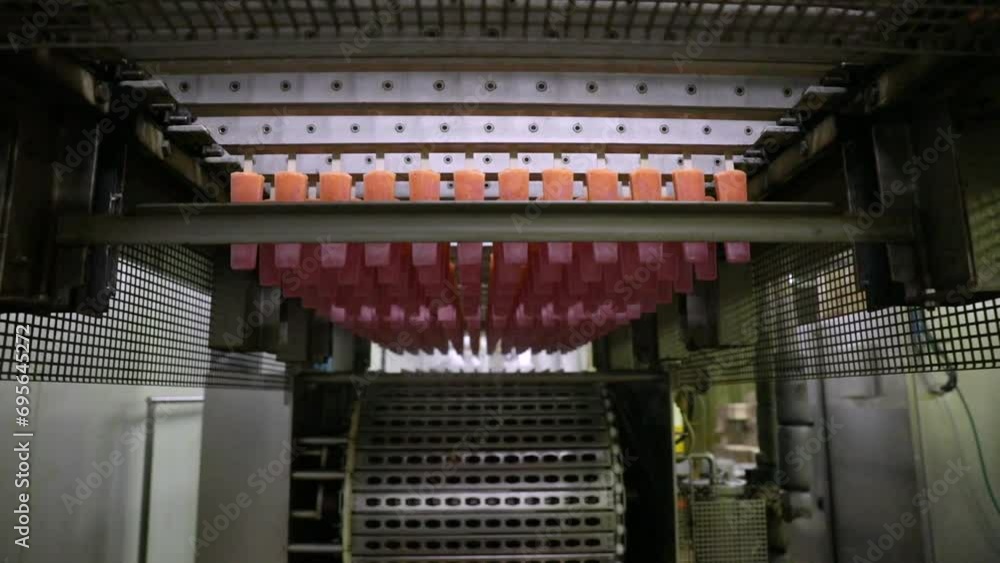 Food industry. Automation and technology in food production. Commercial strawberry and orange flavored popsicles machine, transporting the product in the freezing chambers. Food industry. Automation and technology in food production. Commercial strawberry and orange flavored popsicles machine, transporting the product in the freezing chambers.