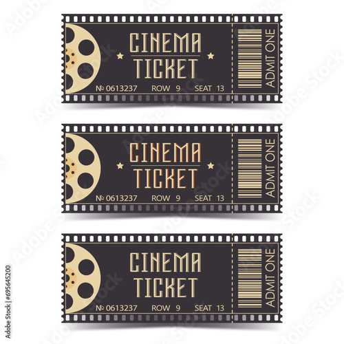 Set of retro cinema tickets. Vector movie theatre vintage illustration photo