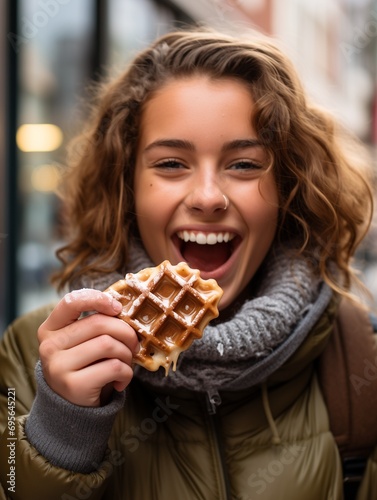 Girl or young woman eating waffle Belgian cake in winter outdoors  student smiling  a happy expression on her face  with open mouth  holding and biting into a delicious brown waffle with icing sugar