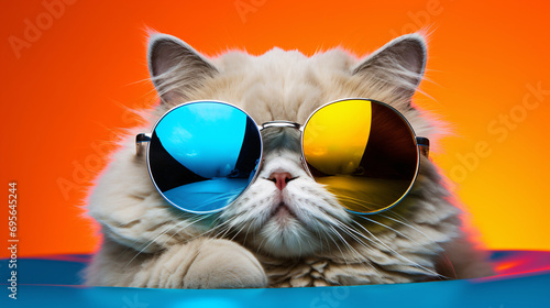 Cat with sunglasses on solid background.