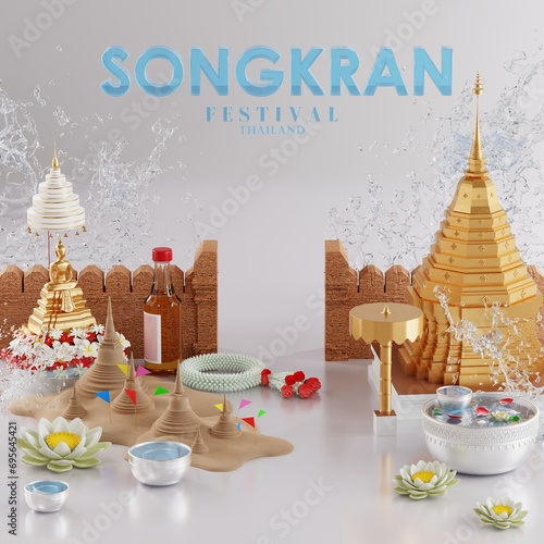 3d rendering illustration background for Songkran festival background in thailand water festival 3d with with blue water splash,thai architecture. ( Translation thai : Songkran Thailand )