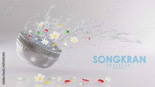 3d rendering illustration background for Songkran festival background in thailand water festival 3d with with blue water splash,thai architecture. ( Translation thai : Songkran Thailand )