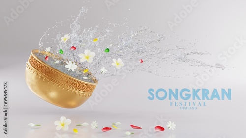 3d rendering illustration background for Songkran festival background in thailand water festival 3d with with blue water splash,thai architecture. ( Translation thai : Songkran Thailand )