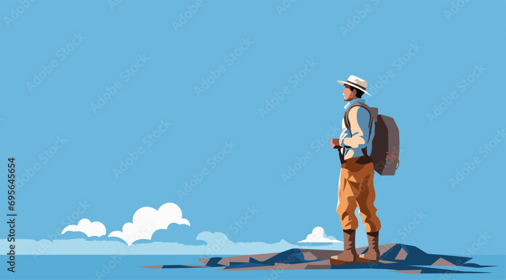 vector character portraying an intrepid explorer, standing at the edge of an infinite horizon, exuding the spirit of endless discovery.