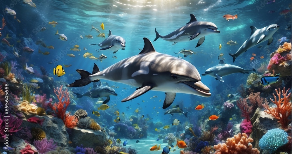 Fototapeta premium An immersive portrayal of the ocean's wonders, featuring a pristine sea teeming with a kaleidoscope of marine life, from playful dolphins to colorful schools of tropical -Generative Ai