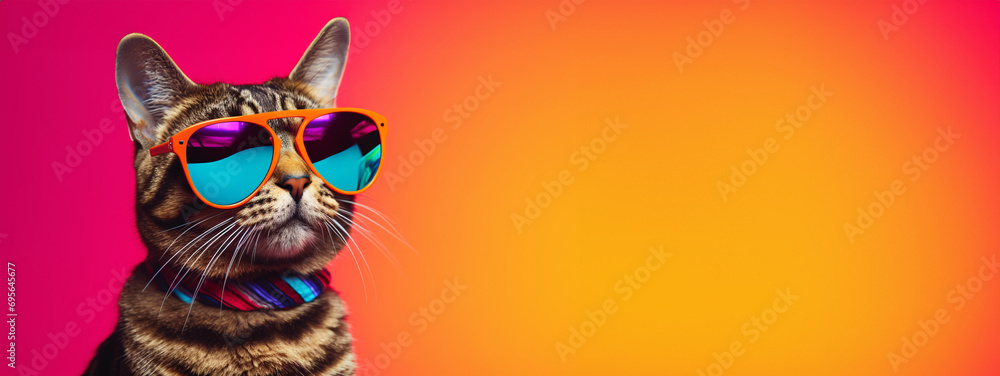 Cat with sunglasses on solid background, copy space.