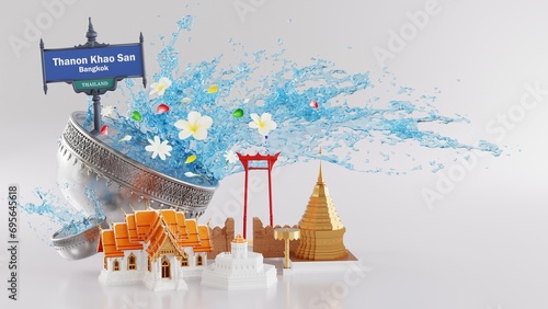 3d rendering illustration background for Songkran festival background in thailand water festival 3d with with blue water splash,thai architecture. ( Translation thai : Songkran Thailand )