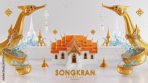 3d rendering illustration background for Songkran festival background in thailand water festival 3d with with blue water splash,thai architecture. ( Translation thai : Songkran Thailand )