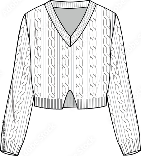 Women's V-neck, Cable, Crop, Split Front Jumper. Technical fashion illustration. Flat apparel template front, white color. Women's CAD mock-up.