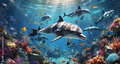An immersive portrayal of the ocean's wonders, featuring a pristine sea teeming with a kaleidoscope of marine life, from playful dolphins to colorful schools of tropical -Generative Ai