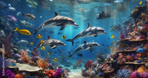 An immersive portrayal of the ocean's wonders, featuring a pristine sea teeming with a kaleidoscope of marine life, from playful dolphins to colorful schools of tropical -Generative Ai © Online Jack Oliver