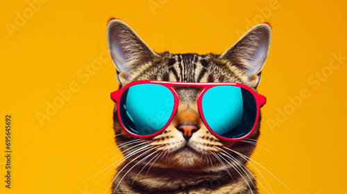 Cat with sunglasses on solid background. © ikkilostd