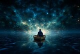Daring Man in boat near space. Fantasy art. Generate Ai
