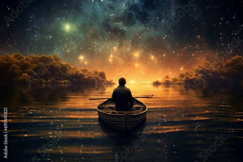 Man in boat near space. Fantasy art. Generate Ai