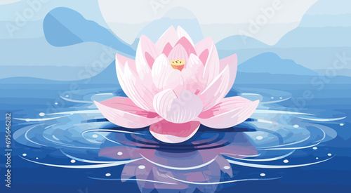 vector art piece featuring a delicate lotus blossom floating on the water's surface, with ephemeral ripples encircling it. lotus pinks, serene blues