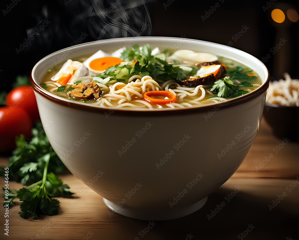 Bowl of healthy asian vegetable noodle soup with Chopsticks and Fresh Vegetables