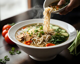 Bowl of healthy asian vegetable noodle soup with Chopsticks and Fresh Vegetables