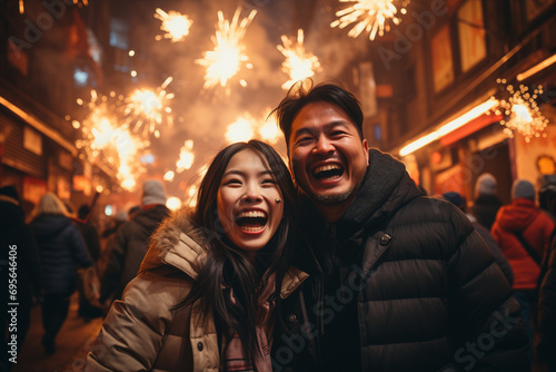 Chinese Family Enjoying Fireworks to Celebrate Chinese Lunar New Year 2024, Radiant Traditions, A Family's Joyous Lunar New Year Celebration © Simn