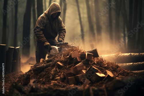 Man holding stack of cut firewood in forest. Autumn heating season and logging wood. Generate ai photo