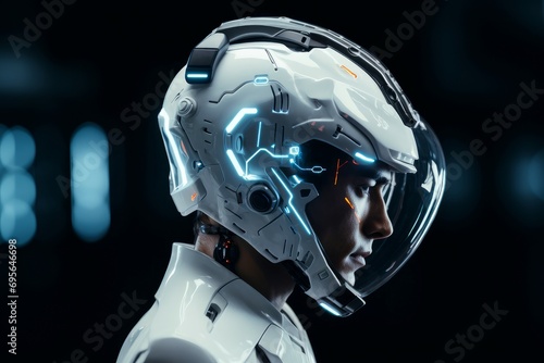 Futuristic Man cyber helmet. Play neon game. Generate Ai
