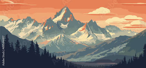 vector postcard reminiscent of a mountain retreat, featuring majestic peaks, classic typography, and a retro color palette peacefulness of mountain landscape