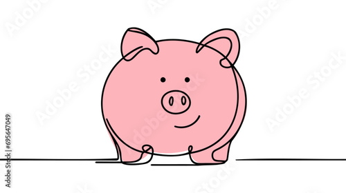 Piggy bank in continuous line art drawing style. Pig moneybox black linear sketch isolated on white background