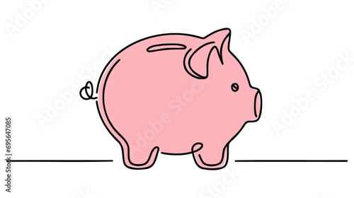 Piggy bank in continuous line art drawing style. Pig moneybox black linear sketch isolated on white background