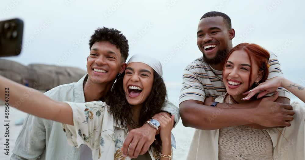 Friends, beach selfie and excited with smile, hug and happy couple with peace sign for blog on vacation. Men, women and gen z people with diversity, holiday or laugh for photography for social media Friends, beach selfie and excited with smile, hug and happy couple with peace sign for blog on vacation. Men, women and gen z people with diversity, holiday or laugh for photography for social media