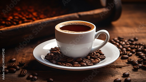 a cup of coffee on a saucer with coffee beans