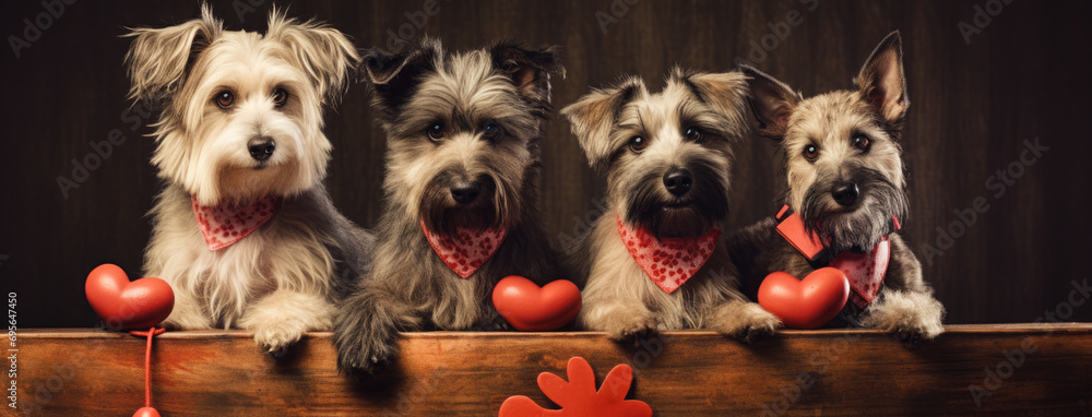 Four dogs on a wooden background. Valentine's Day, romance and love concept.