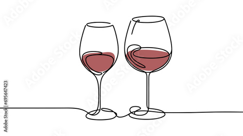 Continuous one line drawing of two glasses of red wine. Minimalist linear concept of celebrate and cheering.