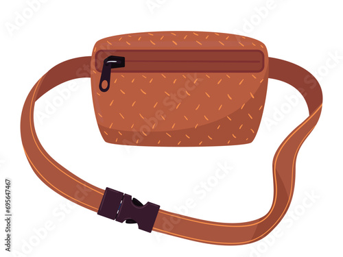 Cartoon zipped pouch bag. Vintage waist bag, old school nylon belt bag with zipper pocket flat vector illustration. Brown waist bag