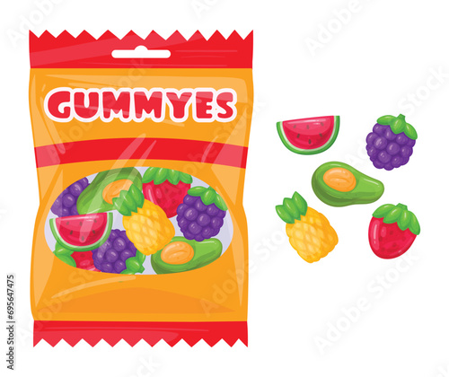 Gummies package. Cartoon fruit flavored jelly marmalade packaging, tasty sweets in plastic bag flat vector illustration. Chewy sweets pack