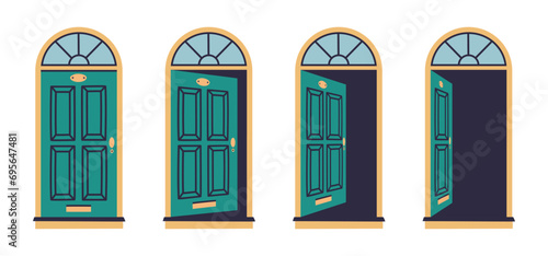 House door animation. Opened and closed wooden doors, entrance door in various positions flat vector illustration set. Apartment close and open doors