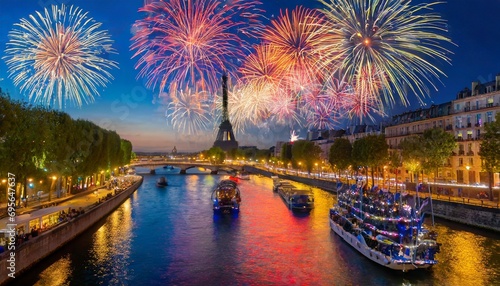 Feux d'artifice à Paris avec des bateaux qui défilent sur la Seine photo