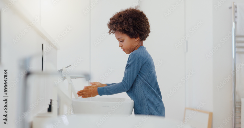 Child, tap and washing or cleaning hands for hygiene, bacteria or germ removal in sink at home. Little boy or kid rinsing soap in bathroom, water or basin for disinfection or cleanliness at house - obrazy, fototapety, plakaty 