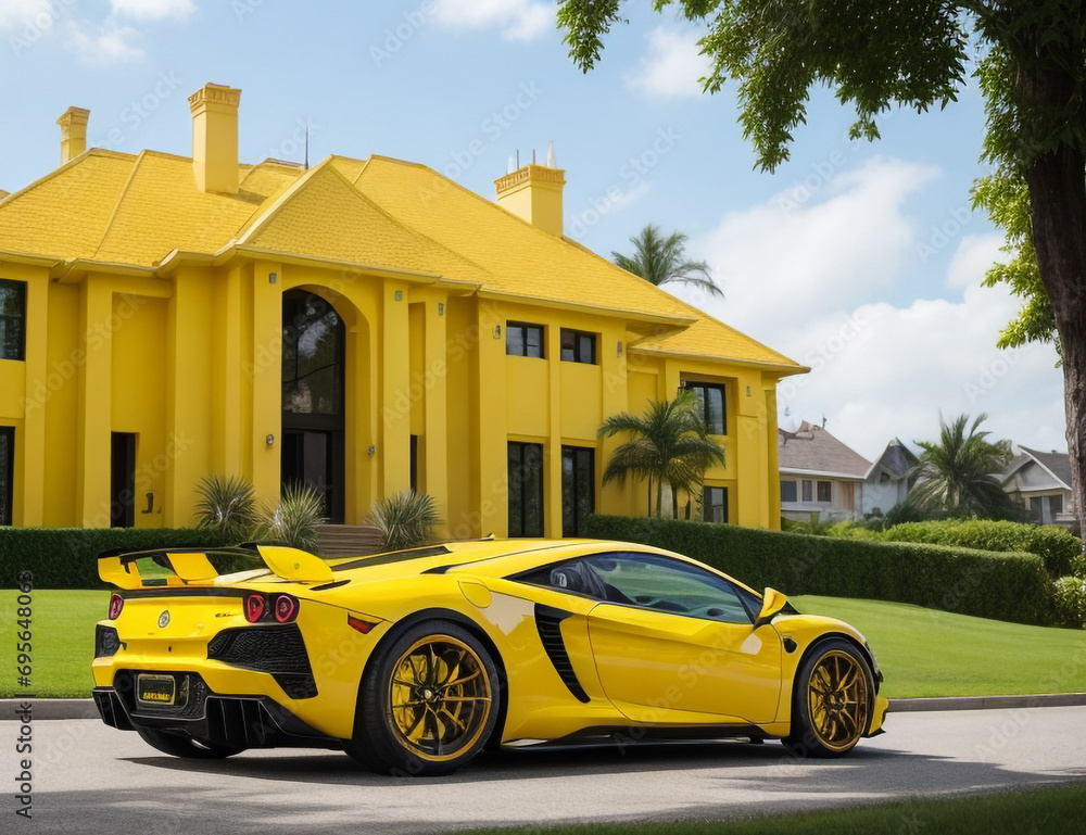 Luxurious house with a supercar in the yard