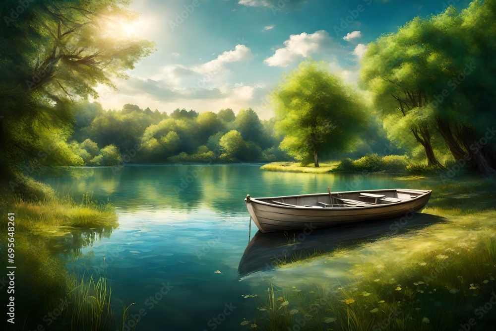 A serene riverside setting on a sunny summer day, featuring a small boat docked by the shore amid verdant trees against a backdrop of a clear, azure sky with wispy clouds.
