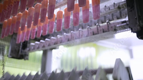 Food industry. Automation and technology in food production. Commercial strawberry and orange flavored popsicles machine, transporting the product in the freezing chambers.  photo