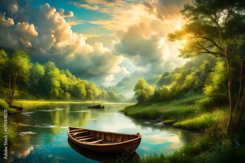 A stunning view of a winding river cutting through a verdant forest, with a quaint wooden boat drifting peacefully under a vibrant sky painted with fluffy white clouds.