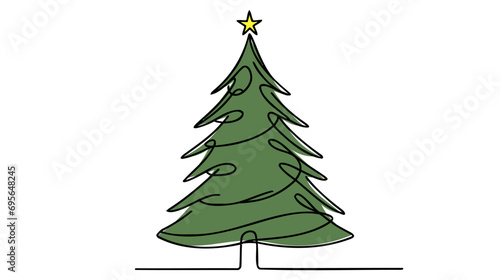 Christmas tree line background. Green One line drawing background. Continuous line drawing of christmas tree icon