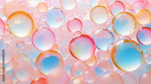 Abstract background with flying bubbles on light pink background.