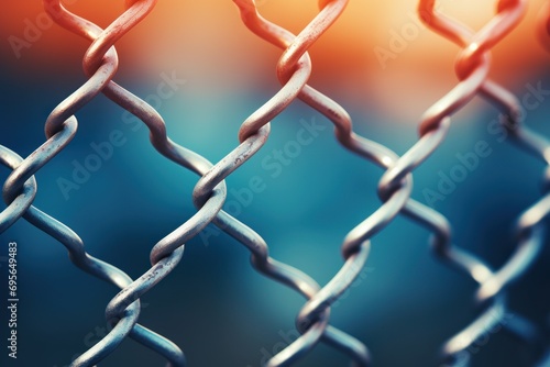 Texture of a metal chain link fence with a blurred background