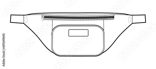 Bum silhouette bag. Fashion accessory technical illustration. Vector satchel front 3-4 view for Men, women, unisex style, flat handbag CAD mockup sketch outline isolated