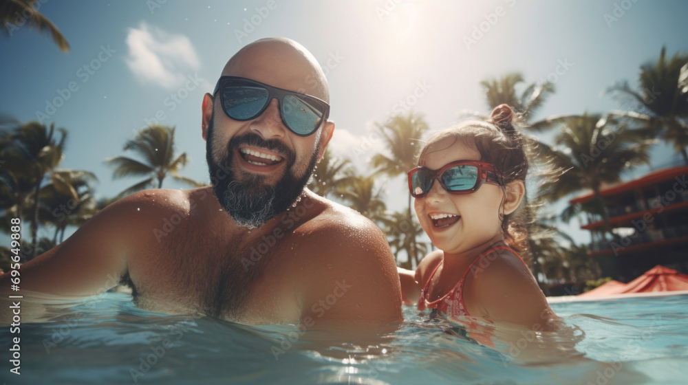 Father with his children playing in the pool Father with his children playing in the pool