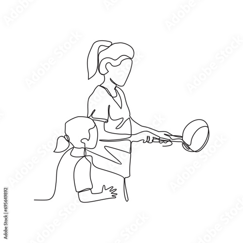 One continuous line drawing of a mom and child is cooking for a party at vector illustration. Design with Minimalist black linear design. Chef themes for your business asset design.