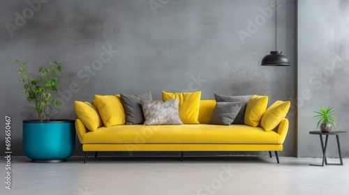 A yellow leather sofa with blue and white pillows in a modern living room, featuring rounded forms and a color scheme of light gray and dark azure.