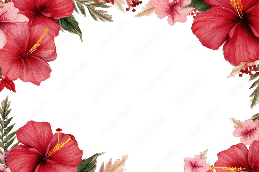 Frame made of hibiscus flower. Beautiful tropical flowers, Hibiscus flowers frame on transparent background