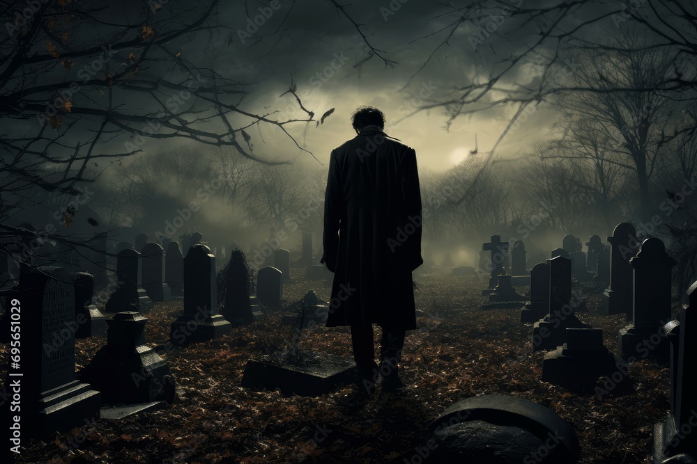 Gloomy Man graveyard night. Walking mystery. Generate Ai - obrazy, fototapety, plakaty 